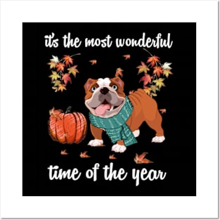 Bulldog Dog Autumn Fall Most Wonderful Time Maple Gift Posters and Art